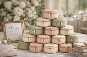 wedding favors display ideas using personalized jewelry cases on a welcome table