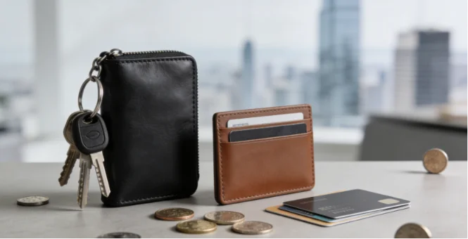 A black keychain wallet and a brown leather card holder displayed on a table with keys, coins, and credit cards, representing minimal everyday carry essentials. (2)