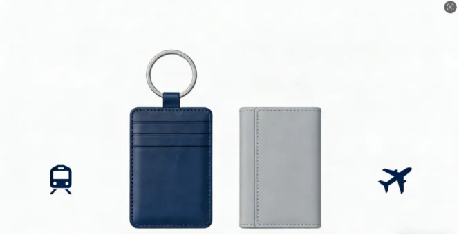 A blue leather keychain card holder with a metal key ring displayed next to a slim gray card holder, symbolizing minimal everyday carry for commuting and travel.