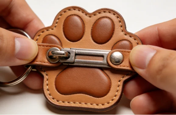 Close-up of hands holding a paw print leather keychain, showing the metal clasp and key ring.