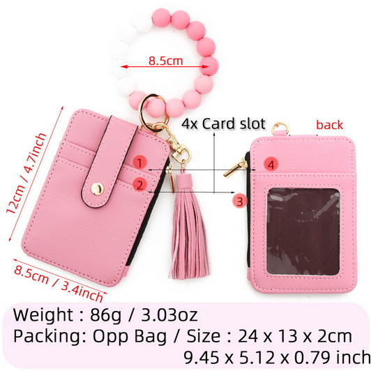 Women Silicone Bead Bracelet Wristlet Pu Leather ID Card Purses Holder Solid Wallet Keychain Beaded Chain Bracelet Wallet Charm Pendant