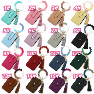 Women Silicone Bead Bracelet Wristlet Pu Leather ID Card Purses Holder Solid Wallet Keychain Beaded Chain Bracelet Wallet Charm Pendant