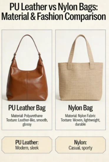 The image compares two bags a PU leather bag with a smooth, sleek design and a nylon bag with a woven, lightweight texture