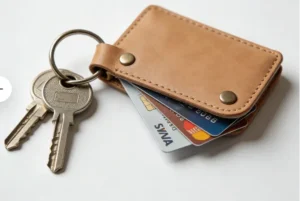 This image shows a set of keys attached to a keyring, along with a leather cardholder containing several credit cards. The focus is on the keyring and the cardholder.