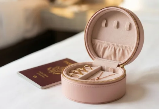 Open pink travel jewelry box with gold rings and necklace next to a passport on a bed.