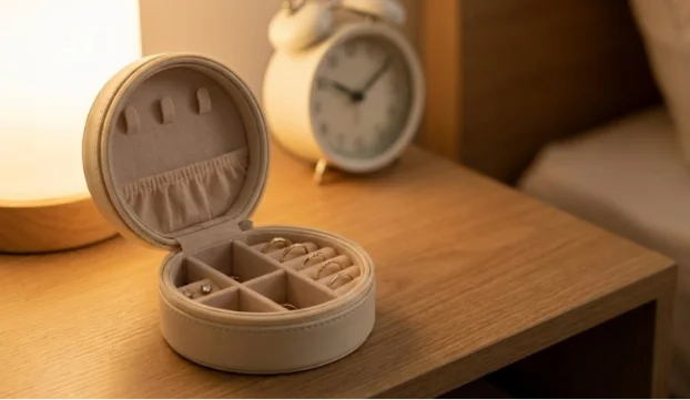 Open small round beige jewelry box organizing rings and studs on a wooden nightstand.