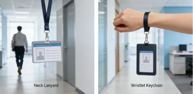 Side-by-side comparison of a neck lanyard and a wristlet keychain holding an ID badge in an office hallway.