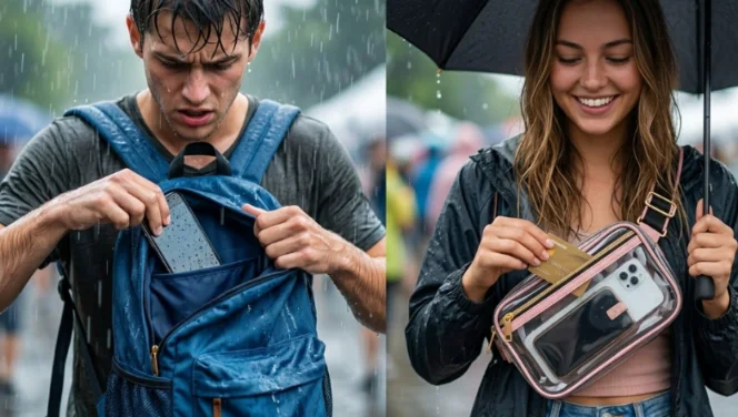 Wet regular backpack vs waterproof clear chest bag in the rain.