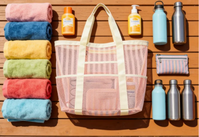 Flatlay of an extra large beach bag, six rolled towels, and family beach essentials.
