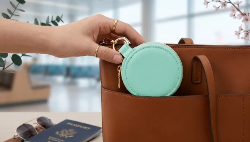 Mint green mini jewelry case being tucked into a tote bag.