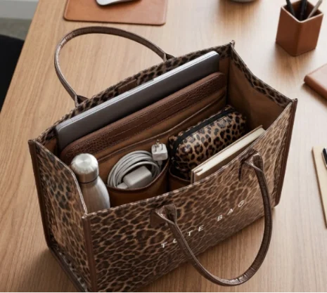 Open leopard print tote bag on a desk, organized with a laptop and essentials.