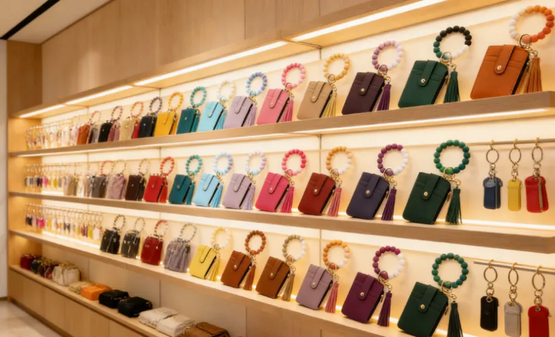Retail display of colorful wristlet wallets on wooden boutique shelves.