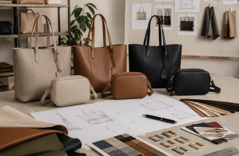 Modern design studio with leather bags