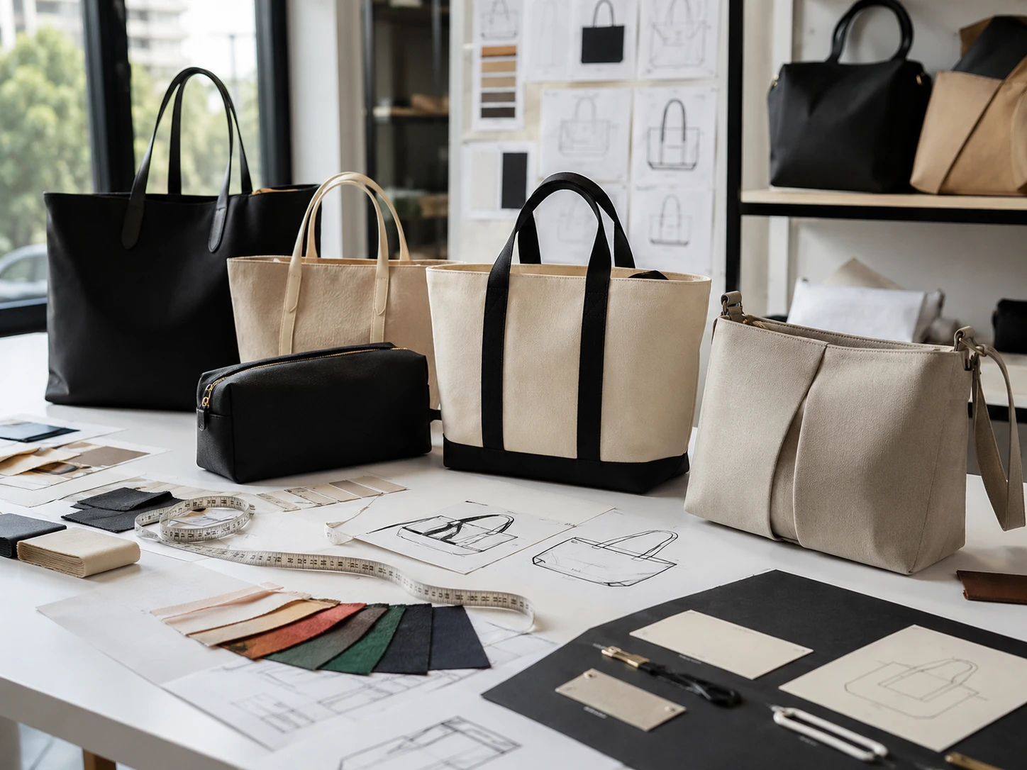 low MOQ custom bag samples with fabric swatches and design sketches